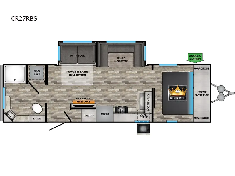 Manufacturer floorplan for the CrossRoads Cruiser Aire CR27RBS with king bed and full-width rear bathroom