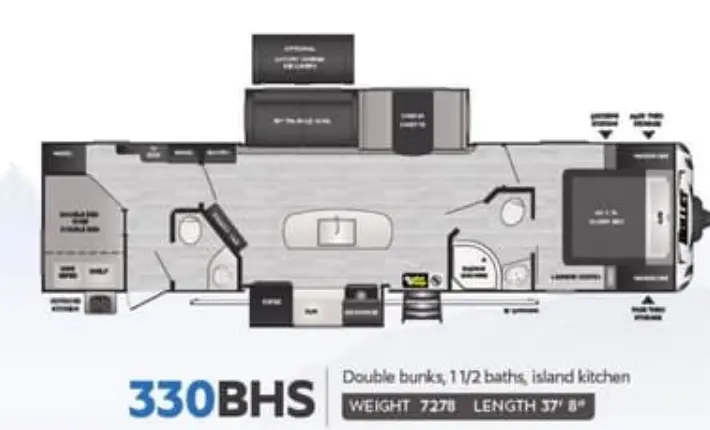 Published floorplan for the 2022 Keystone Bullet Ultra Lite 330BHS