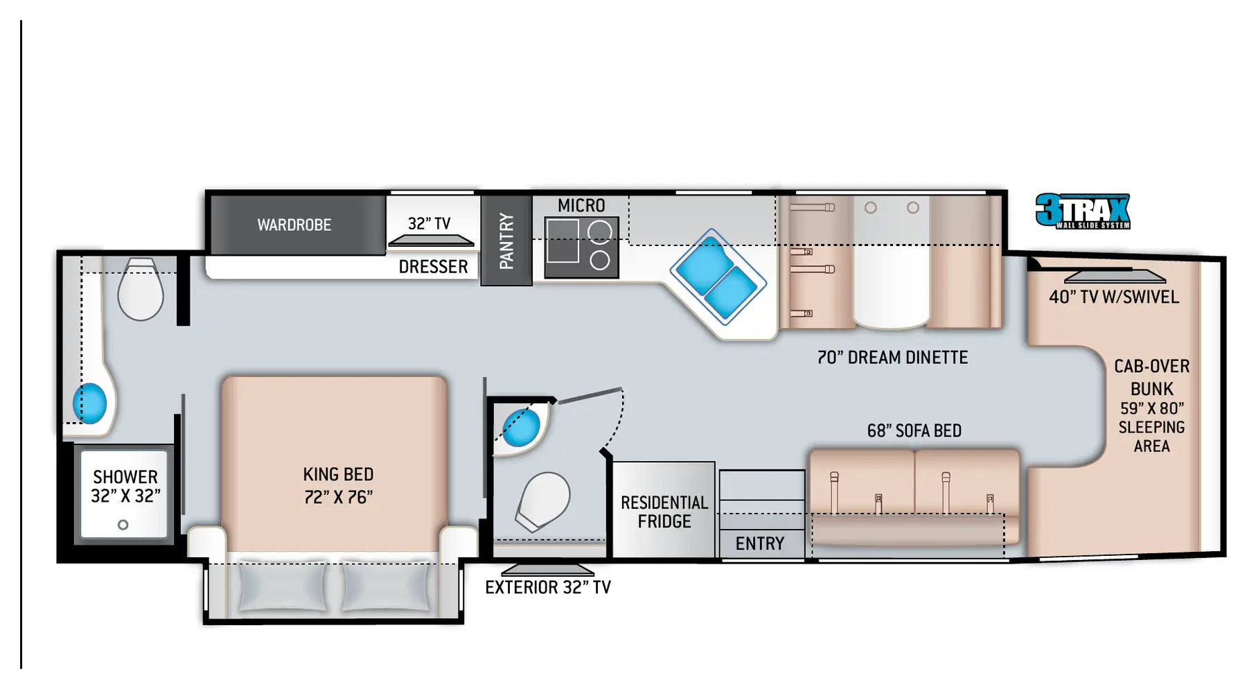 Official 2020 Thor Motor Coach Omni BH35 bath-and-a-half floorplan with rear king bed, Dream Dinette, sofa bed and cab-over bunk