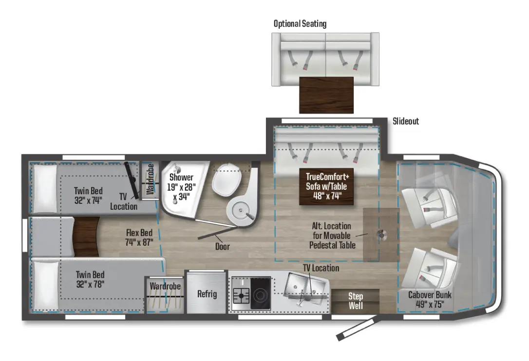 Official 2023 Winnebago View 24V floorplan with rear twin beds and Flex Bed king conversion